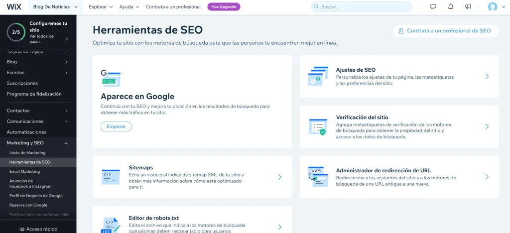 Herramientas de seo de wix