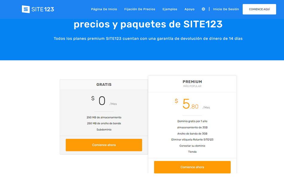 SITE123: Precios